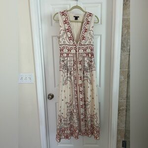 Christian Lacroix plunging neckline crimson and Cream Maxi Dress